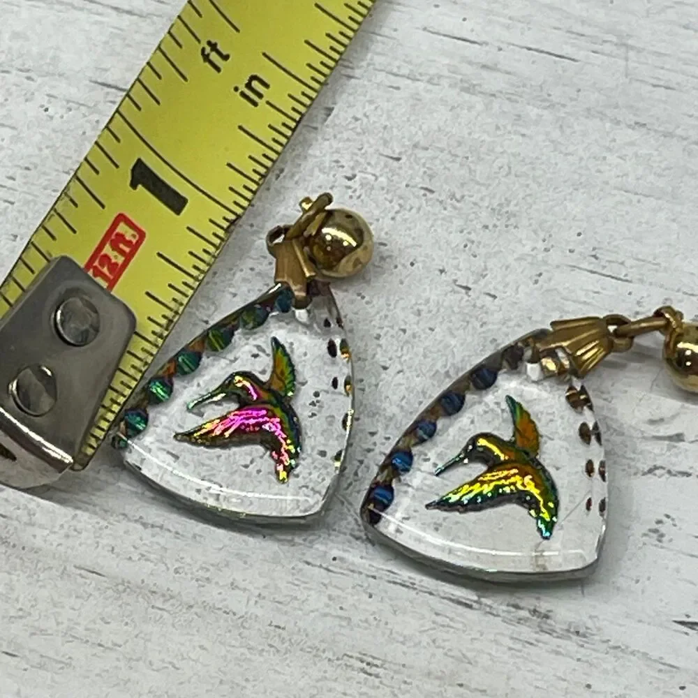 Glass Hummingbird Drop Dangle Earrings Hand-Painted Iridescent Design